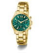 Gold GUESS Ladies Gold Tone Multi-function Watch with a green face on a transparent background