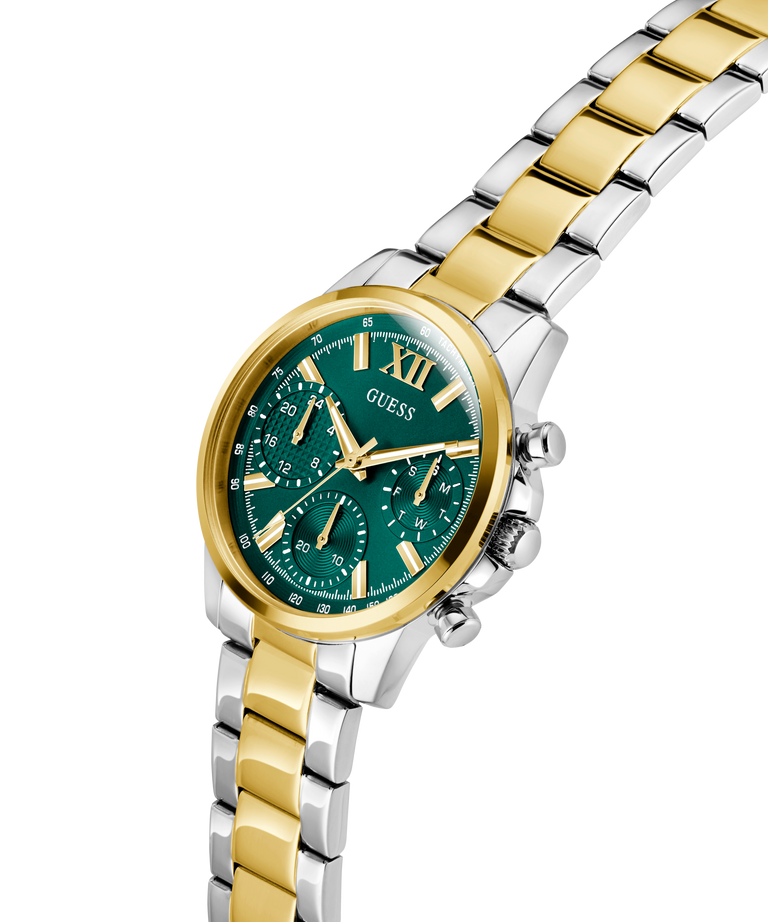 Two-tone gold and silver GUESS Ladies 2-Tone Multi-function Watch with a green dial on a white background lifestyle