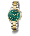 Two-tone silver and gold GUESS Ladies 2-Tone Multi-function Watch with green dial on a white background