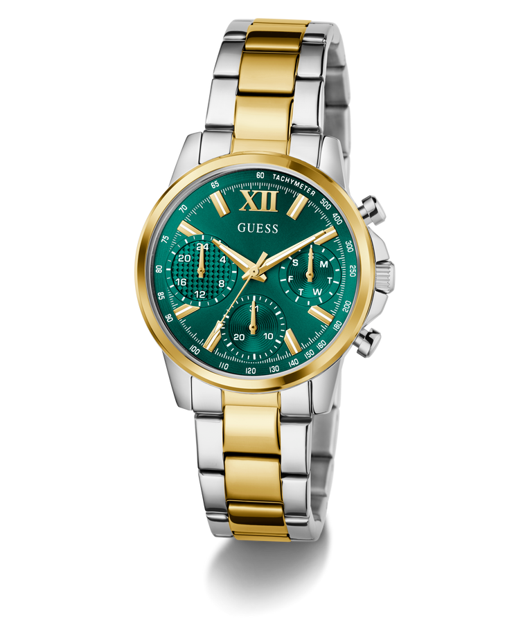 Two-tone silver and gold GUESS Ladies 2-Tone Multi-function Watch with green dial on a white background