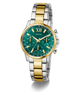 Two-tone silver and gold GUESS Ladies 2-Tone Multi-function Watch with green dial on a white background