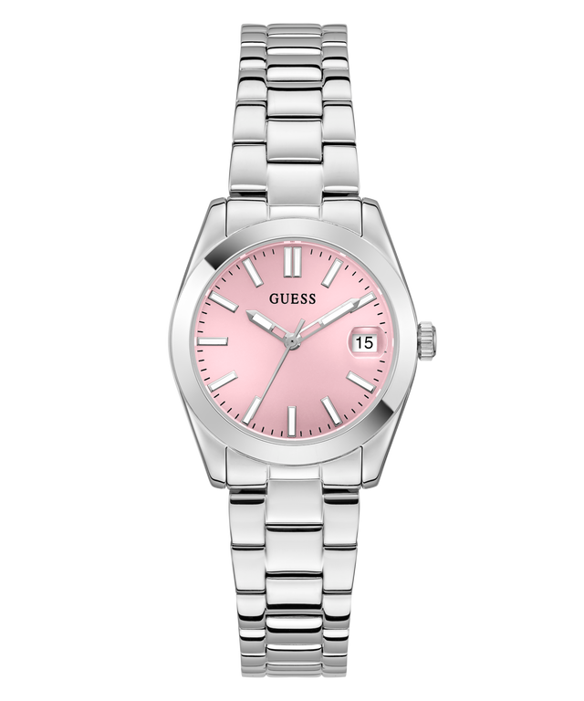 GUESS Ladies Silver Tone Date Watch with a pink face on a white background