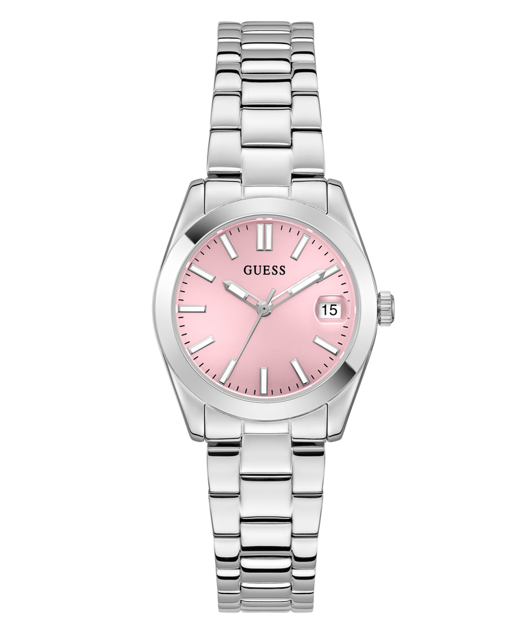 GUESS Ladies Silver Tone Date Watch with a pink face on a white background