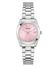 GUESS Ladies Silver Tone Date Watch with a pink face on a white background