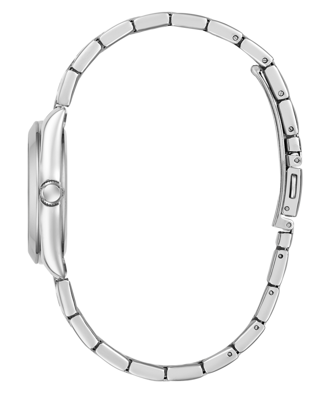 Silver watch strap on a white background