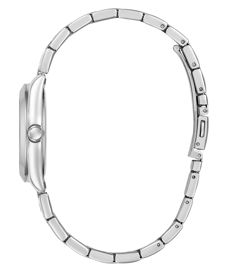 Silver watch strap on a white background
