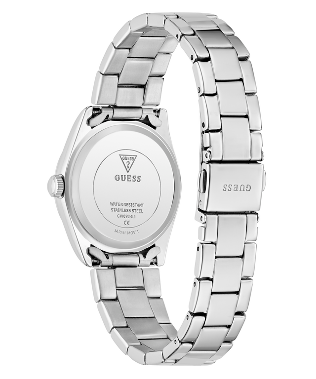 Silver Guess watch with a metal bracelet on a white background
