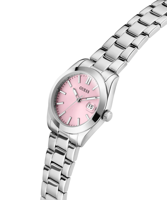 GUESS Ladies Silver Tone Date Watch with pink dial on a white background lifestyle