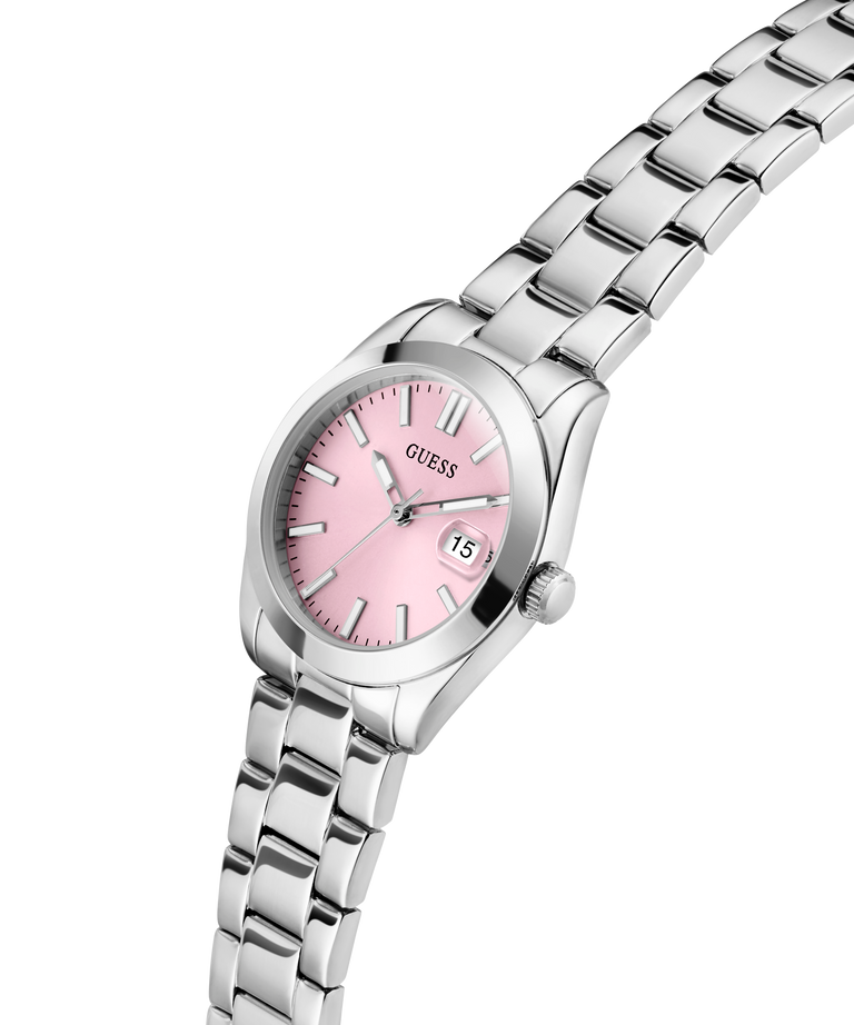 GUESS Ladies Silver Tone Date Watch with pink dial on a white background lifestyle
