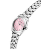 GUESS Ladies Silver Tone Date Watch with pink dial on a white background lifestyle