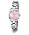 GUESS Ladies Silver Tone Date Watch with a pink face on a white background