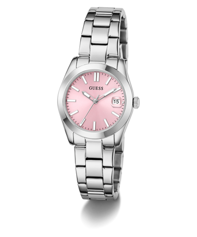 GUESS Ladies Silver Tone Date Watch with a pink face on a white background