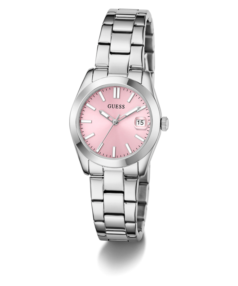 GUESS Ladies Silver Tone Date Watch with a pink face on a white background