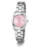 GUESS Ladies Silver Tone Date Watch with a pink face on a white background