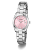 GUESS Ladies Silver Tone Date Watch with a pink face on a white background