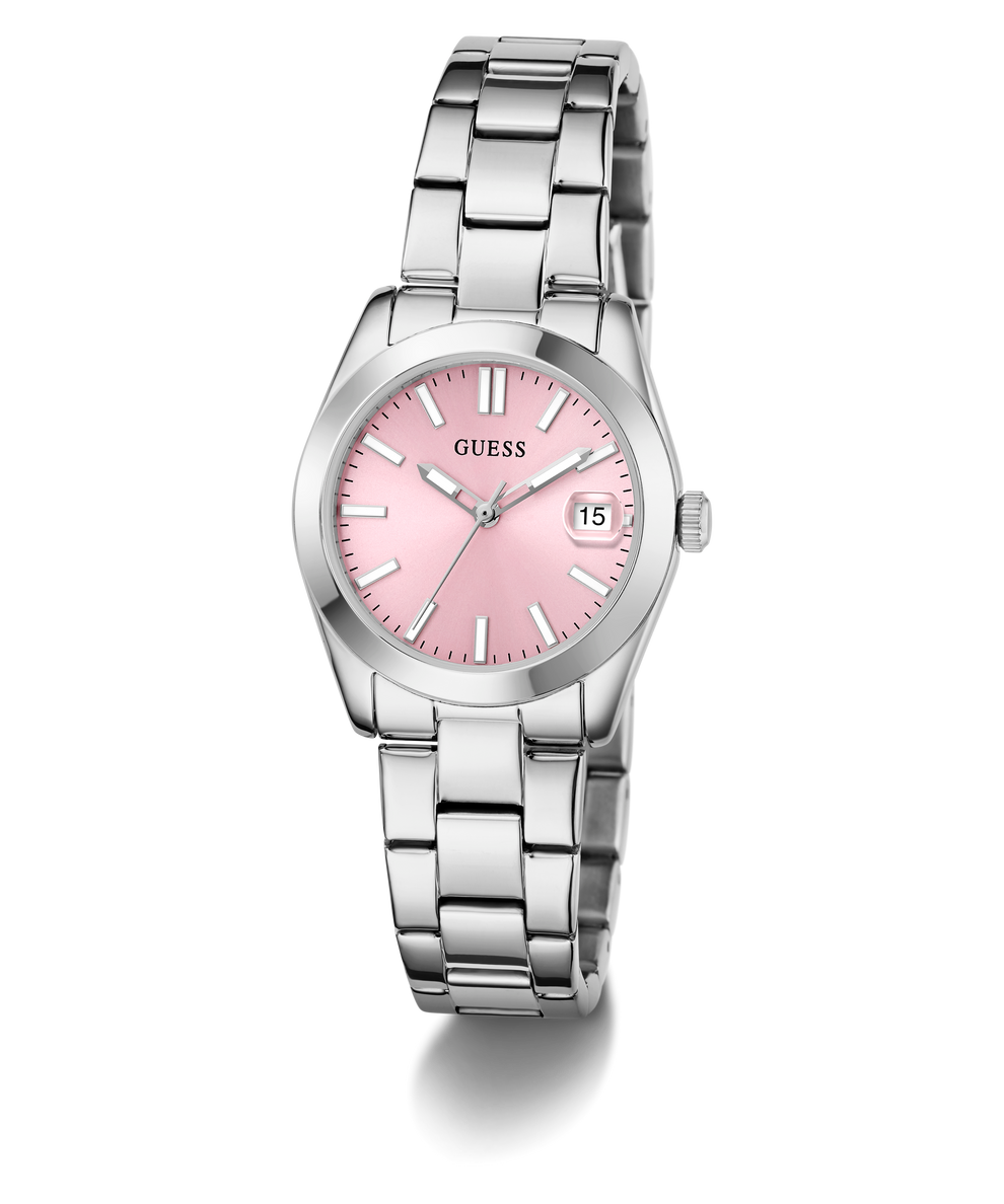 GUESS Ladies Silver Tone Date Watch with a pink face on a white background