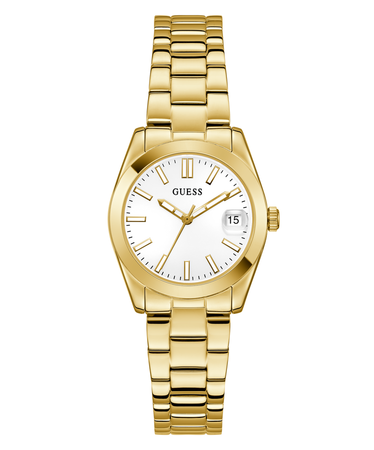 Gold GUESS Ladies Gold Tone Date Watch with a white face on a white background