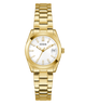 Gold GUESS Ladies Gold Tone Date Watch with a white face on a white background