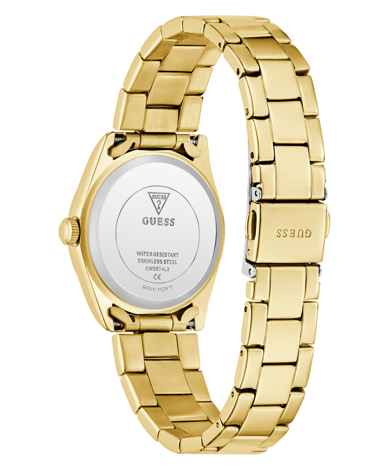Gold GUESS Ladies Gold Tone Date Watch with a white face on a white background