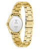 Gold GUESS Ladies Gold Tone Date Watch with a white face on a white background
