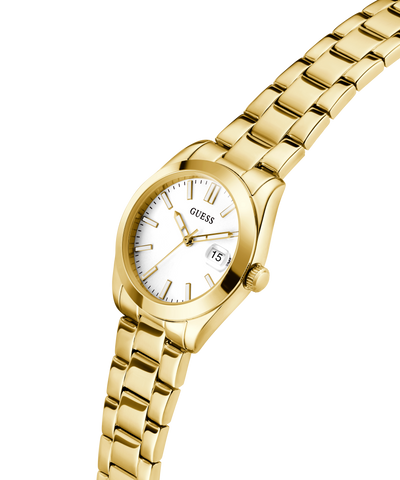 Gold watch with a white face on a white background lifestyle
