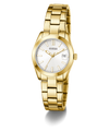 Gold GUESS Ladies Gold Tone Date Watch with a white face on a white background