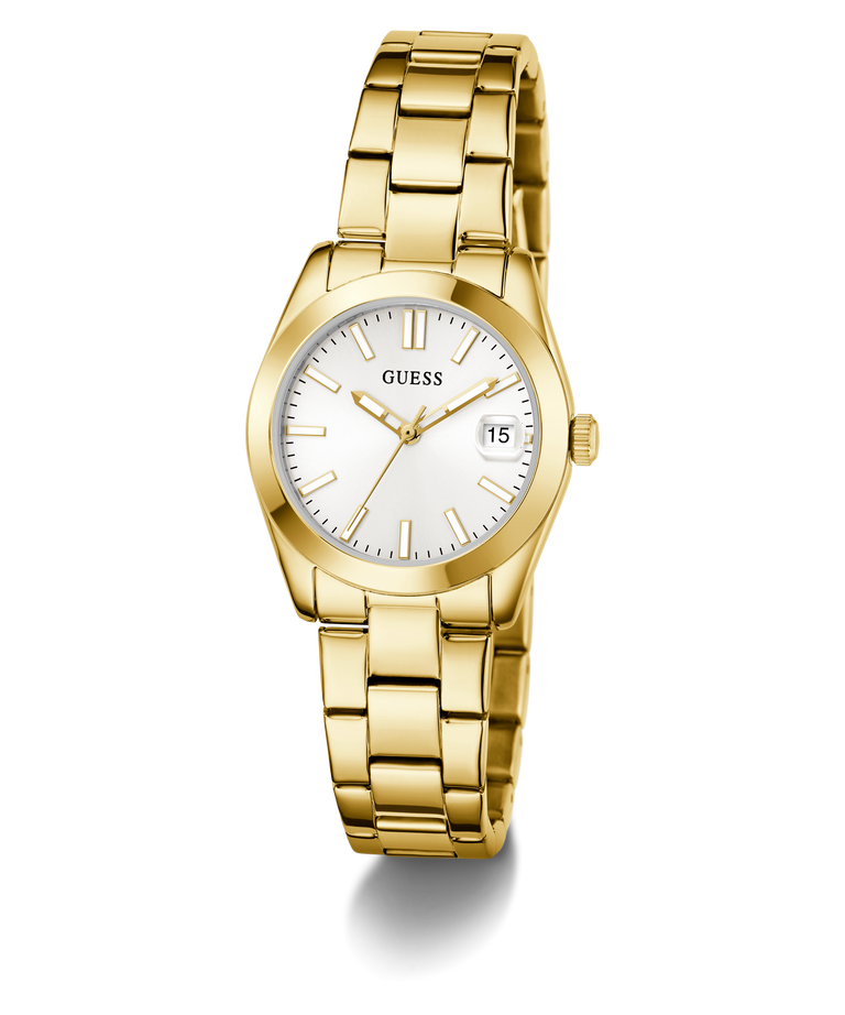Gold GUESS Ladies Gold Tone Date Watch with a white face on a white background
