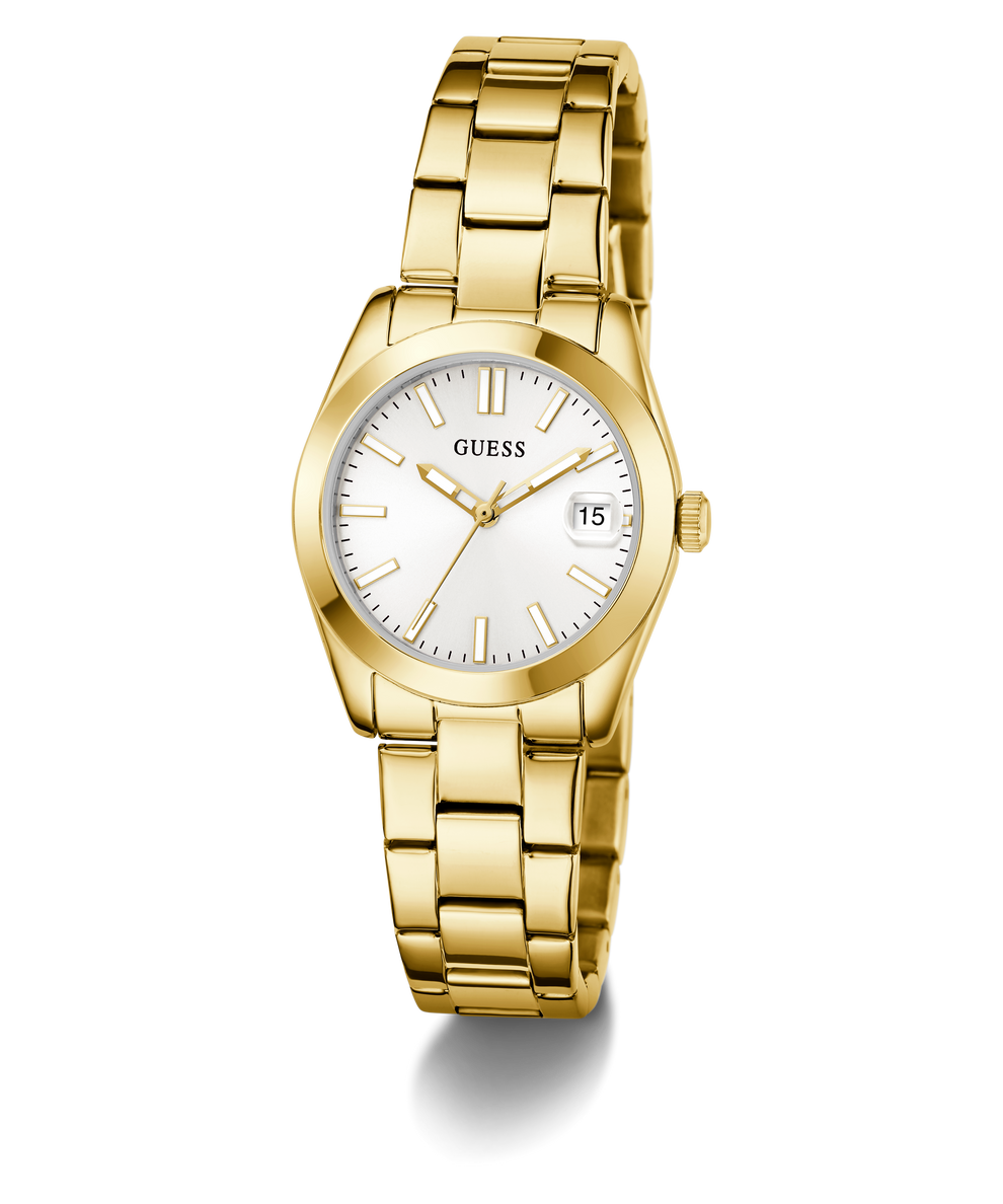 Gold GUESS Ladies Gold Tone Date Watch with a white face on a white background