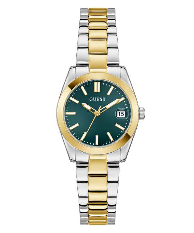 Two-tone watch with gold and silver band on a white background