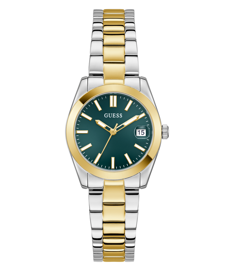 Two-tone watch with gold and silver band on a white background