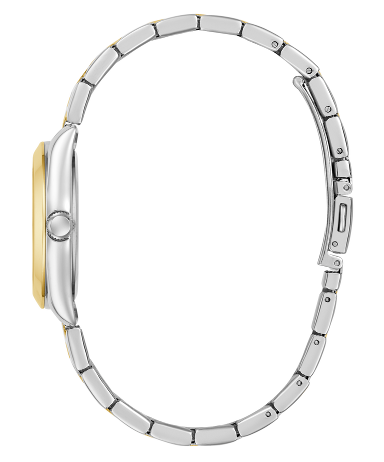 Close-up of a silver watch with a gold accent on a white background