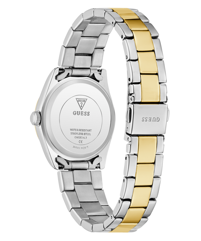 Two-tone silver and gold watch with Guess branding on a white background