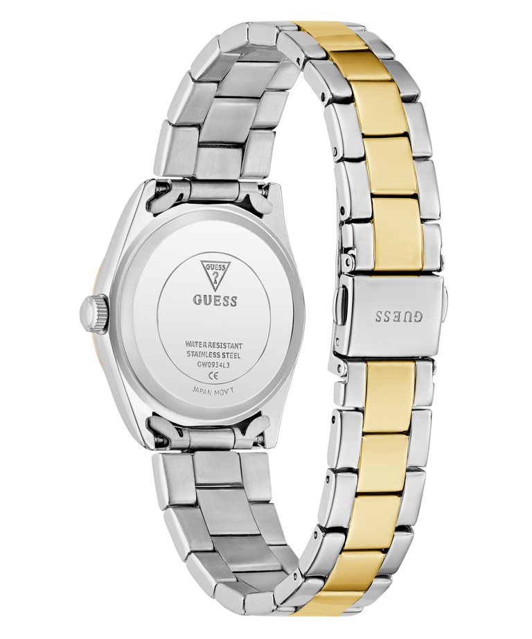 Two-tone silver and gold watch with Guess branding on a white background