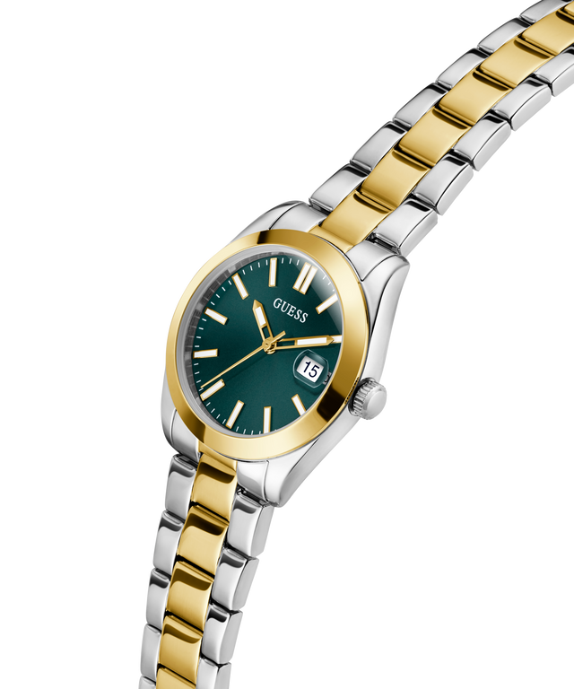GUESS Ladies 2-Tone Date Watch with green dial on a white background lifestyle