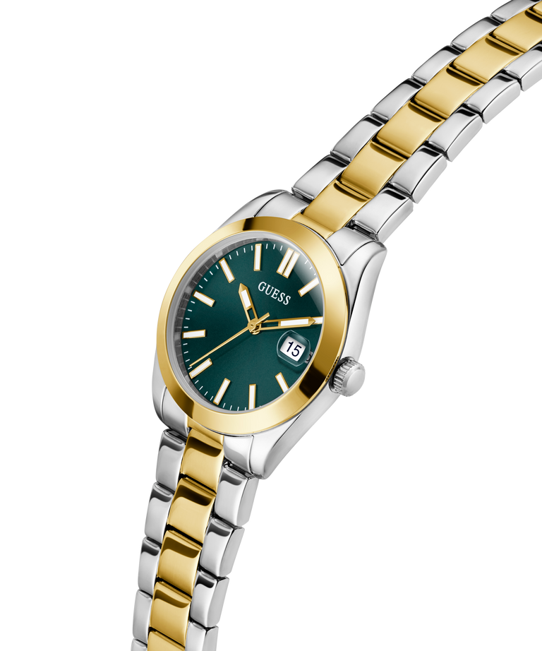 GUESS Ladies 2-Tone Date Watch with green dial on a white background lifestyle