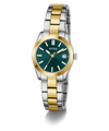 Two-tone silver and gold watch with green dial on a white background