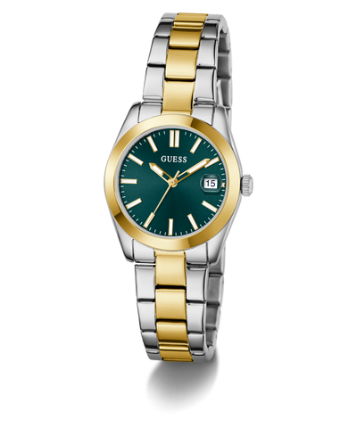 Two-tone silver and gold watch with green dial on a white background
