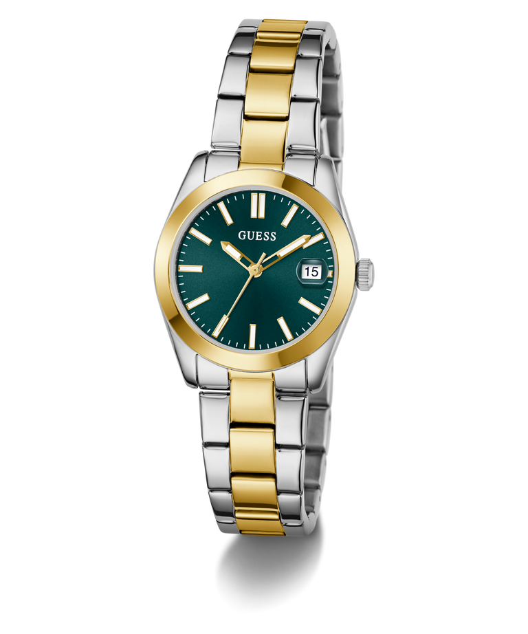 Two-tone silver and gold watch with green dial on a white background