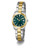 Two-tone silver and gold watch with green dial on a white background