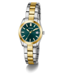 Two-tone silver and gold watch with green dial on a white background