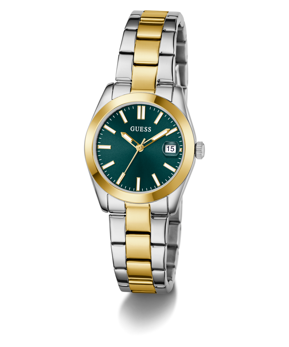 Two-tone silver and gold watch with green dial on a white background
