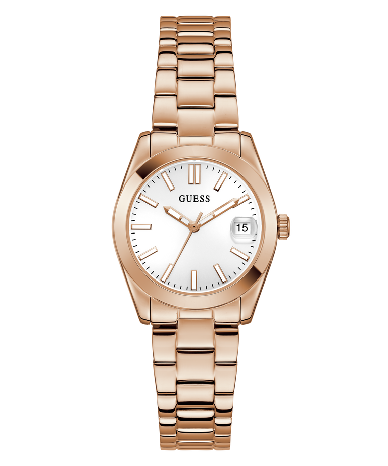 Gold GUESS Ladies Rose Gold Tone Date Watch with a white face on a white background