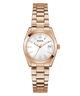Gold GUESS Ladies Rose Gold Tone Date Watch with a white face on a white background