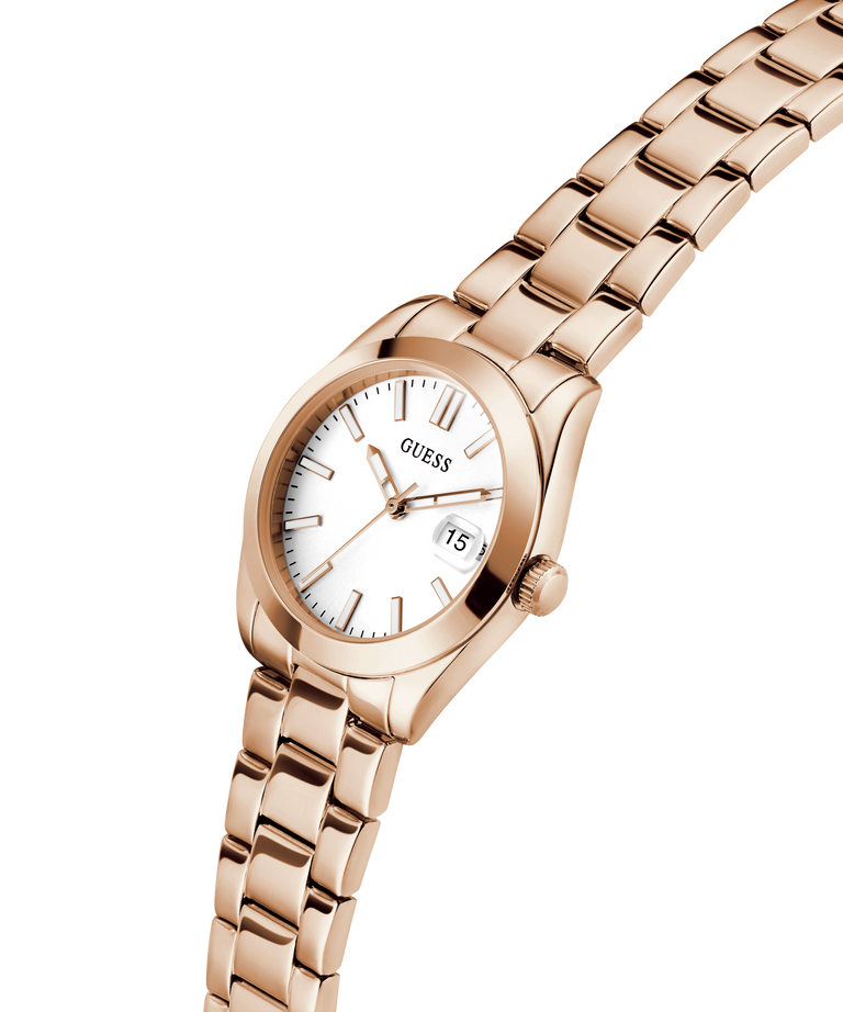 Rose gold watch with a white face on a white background lifestyle