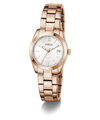 Rose gold GUESS Ladies Rose Gold Tone Date Watch with white face on a white background