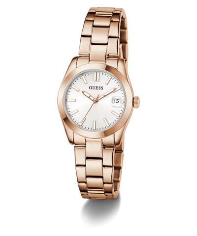 Rose gold GUESS Ladies Rose Gold Tone Date Watch with white face on a white background