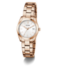 Rose gold GUESS Ladies Rose Gold Tone Date Watch with white face on a white background
