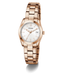 Rose gold GUESS Ladies Rose Gold Tone Date Watch with white face on a white background