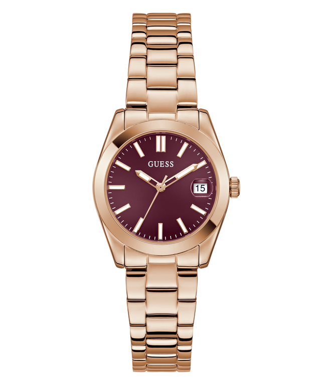 GUESS Ladies Rose Gold Tone Date Watch with a maroon face on a white background