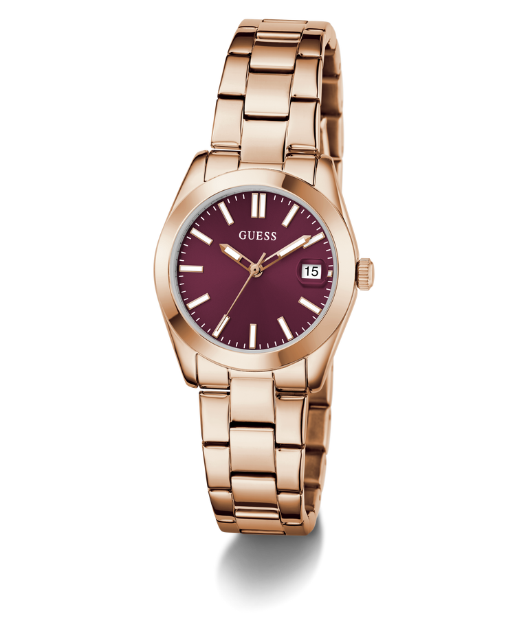 GUESS Ladies Rose Gold Tone Date Watch with a deep red face on a white background